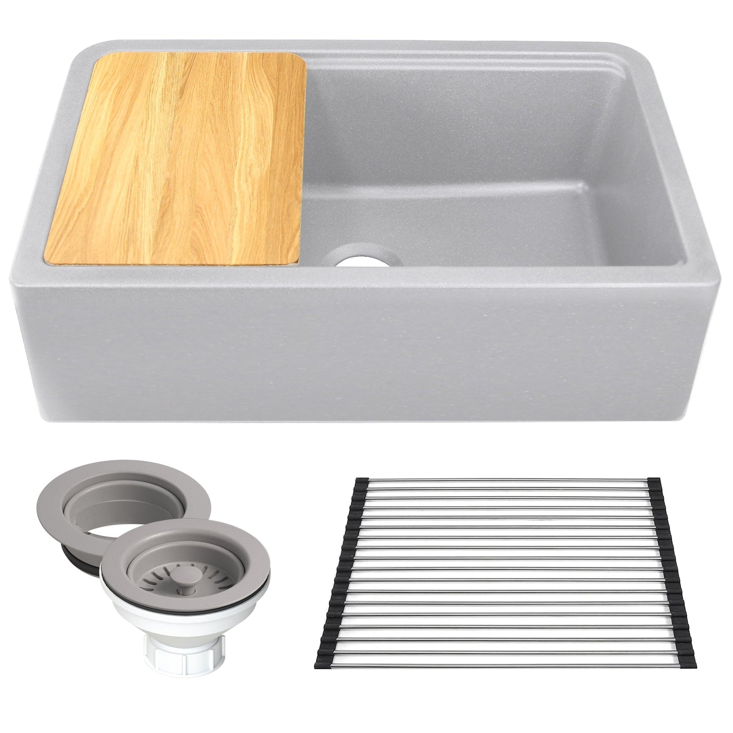 Nantucket Sinks Plymouth Collection 33" Rectangle Undermount Matte Light Grey With Metallic Flecks Granite Composite Single Bowl Apron Reversible Workstation Kitchen Sink With Accessory Pack