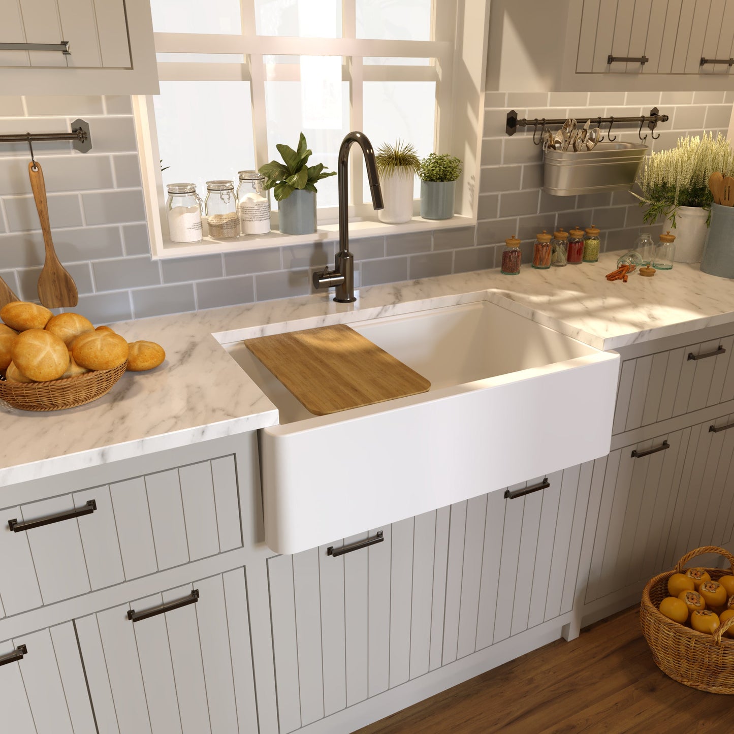 Nantucket Sinks Plymouth Collection 33" Rectangle Undermount Matte White Granite Composite Single Bowl Apron Reversible Workstation Kitchen Sink With Accessory Pack