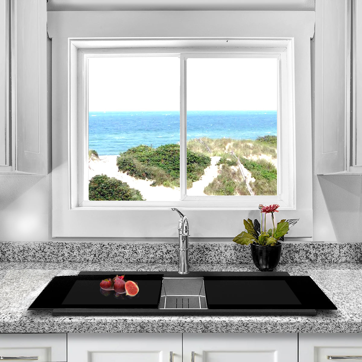 Nantucket Sinks Plymouth Collection 34" Rectangle Topmount Matte Black Granite Composite Large Double Bowl Prep Station Drop In Kitchen Sink