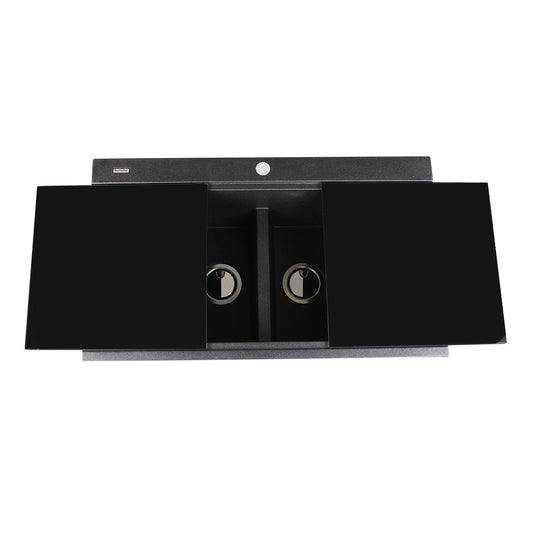Nantucket Sinks Plymouth Collection 34" Rectangle Topmount Matte Black Granite Composite Large Double Bowl Prep Station Drop In Kitchen Sink