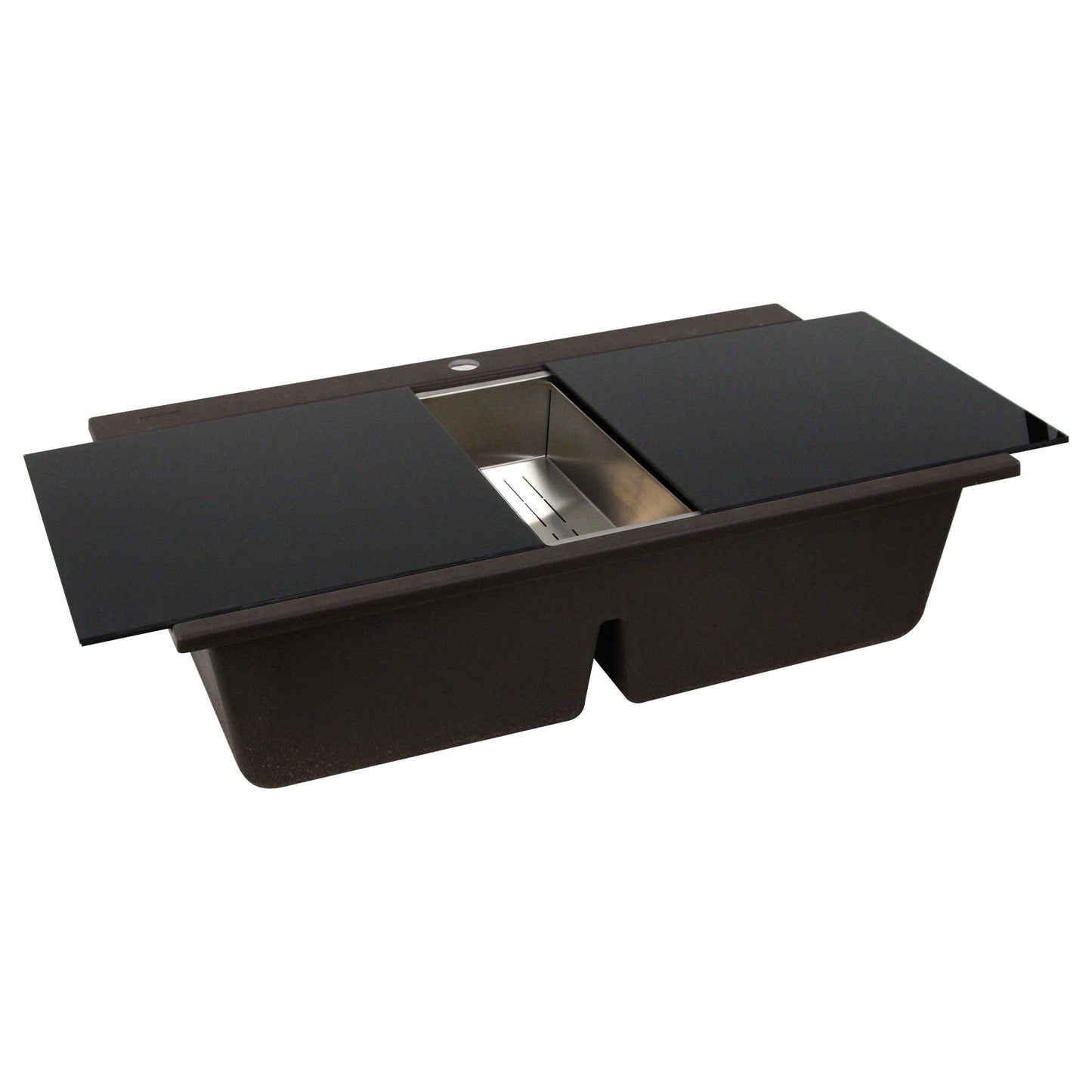 Nantucket Sinks Plymouth Collection 34" Rectangle Topmount Matte Brown Granite Composite Large Double Bowl Prep Station Drop In Kitchen Sink
