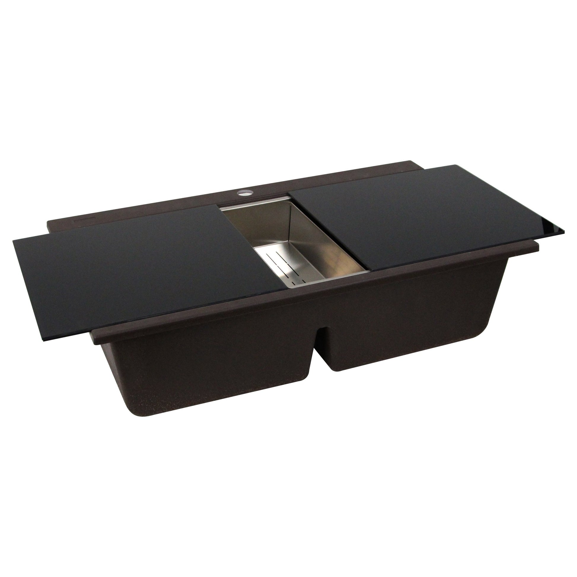 Nantucket Sinks Plymouth Collection 34" Rectangle Topmount Matte Brown Granite Composite Large Double Bowl Prep Station Drop In Kitchen Sink