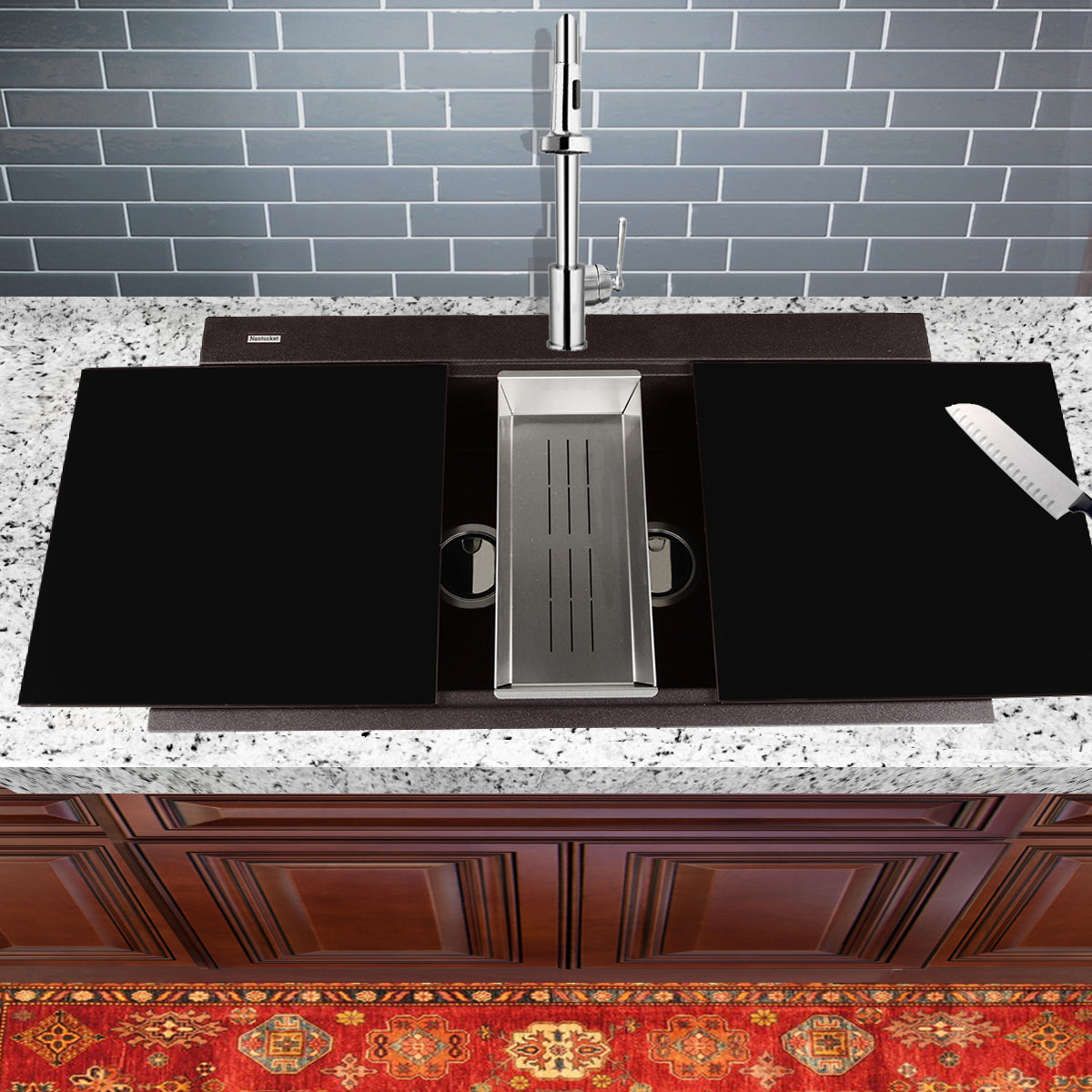 Nantucket Sinks Plymouth Collection 34" Rectangle Topmount Matte Brown Granite Composite Large Double Bowl Prep Station Drop In Kitchen Sink