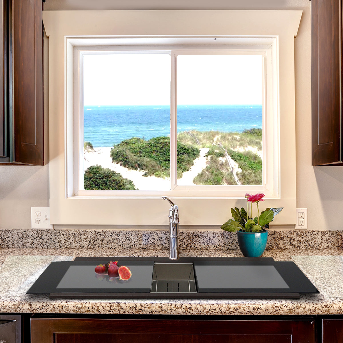 Nantucket Sinks Plymouth Collection 34" Rectangle Topmount Matte Brown Granite Composite Large Double Bowl Prep Station Drop In Kitchen Sink