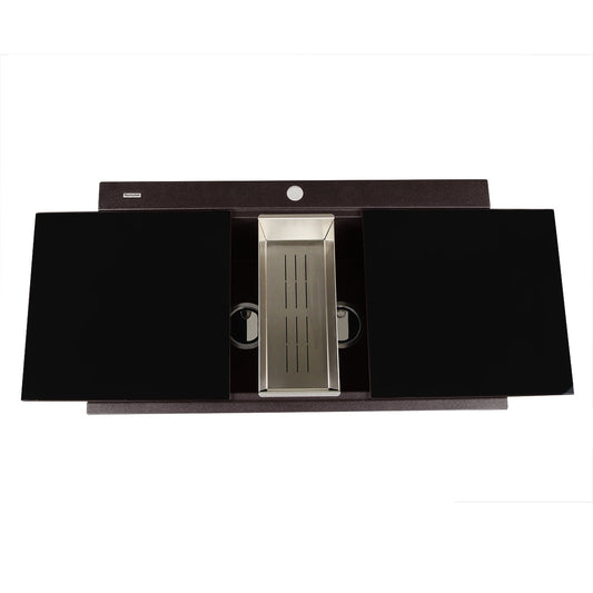 Nantucket Sinks Plymouth Collection 34" Rectangle Topmount Matte Brown Granite Composite Large Double Bowl Prep Station Drop In Kitchen Sink