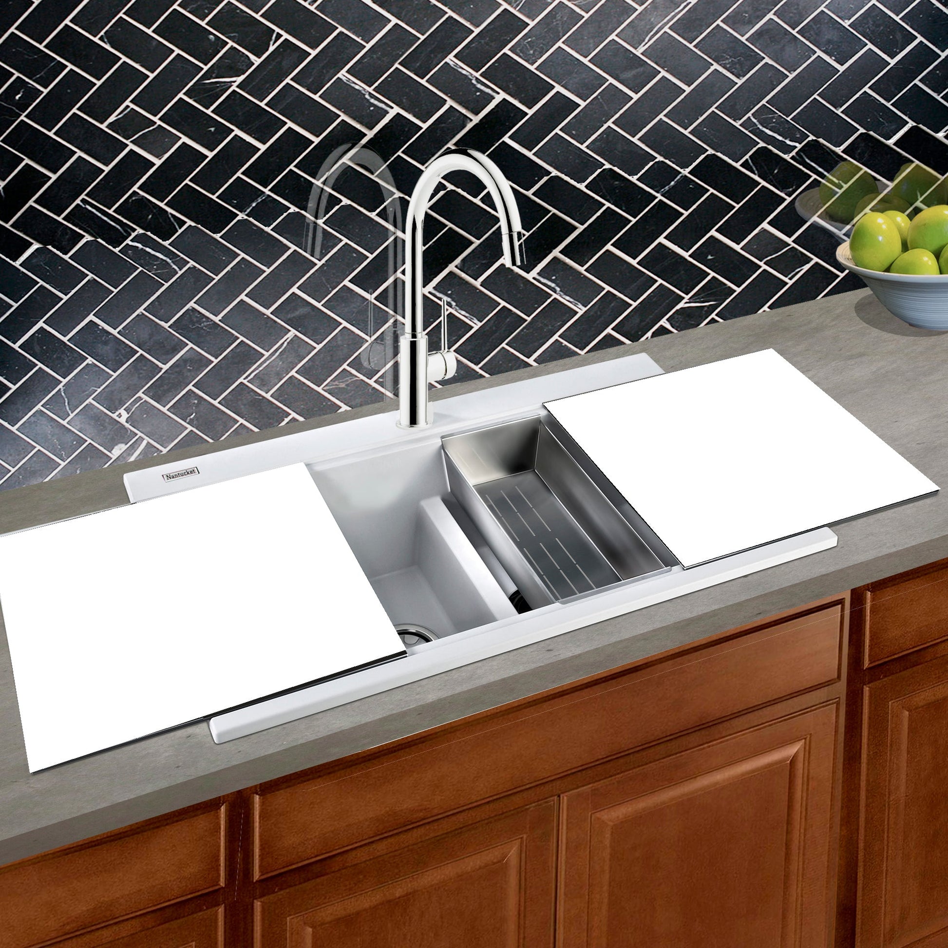 Nantucket Sinks Plymouth Collection 34" Rectangle Topmount Matte White Granite Composite Large Double Bowl Prep Station Drop In Kitchen Sink