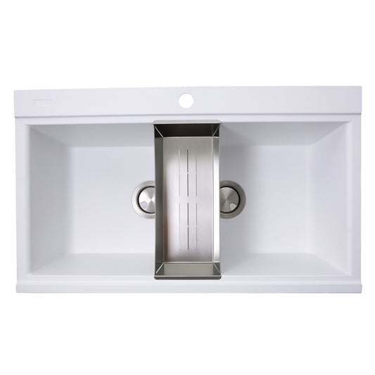 Nantucket Sinks Plymouth Collection 34" Rectangle Topmount Matte White Granite Composite Large Double Bowl Prep Station Drop In Kitchen Sink