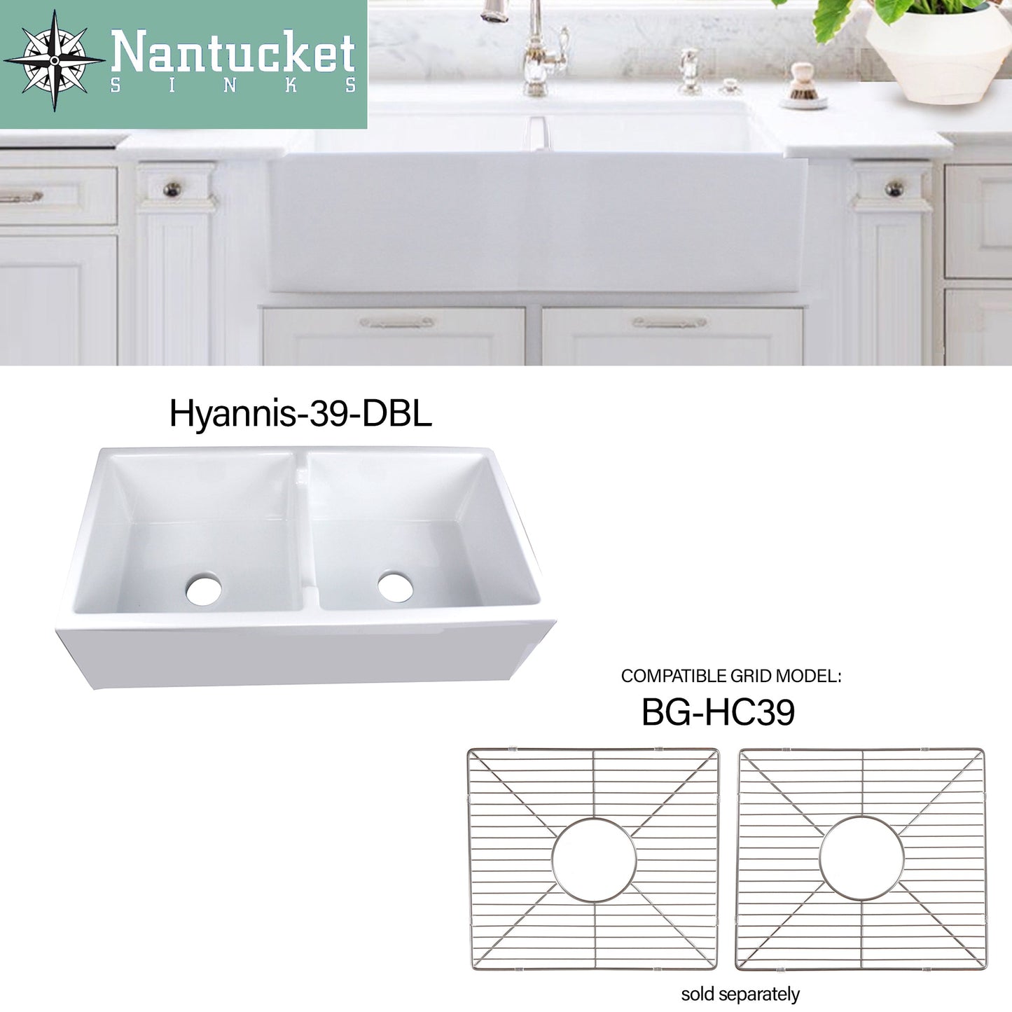 Nantucket Sinks Premium Kitchen 17" Polished Silver Stainless Steel Stainless Steel Bottom Grids Set of 2 BG-HC39