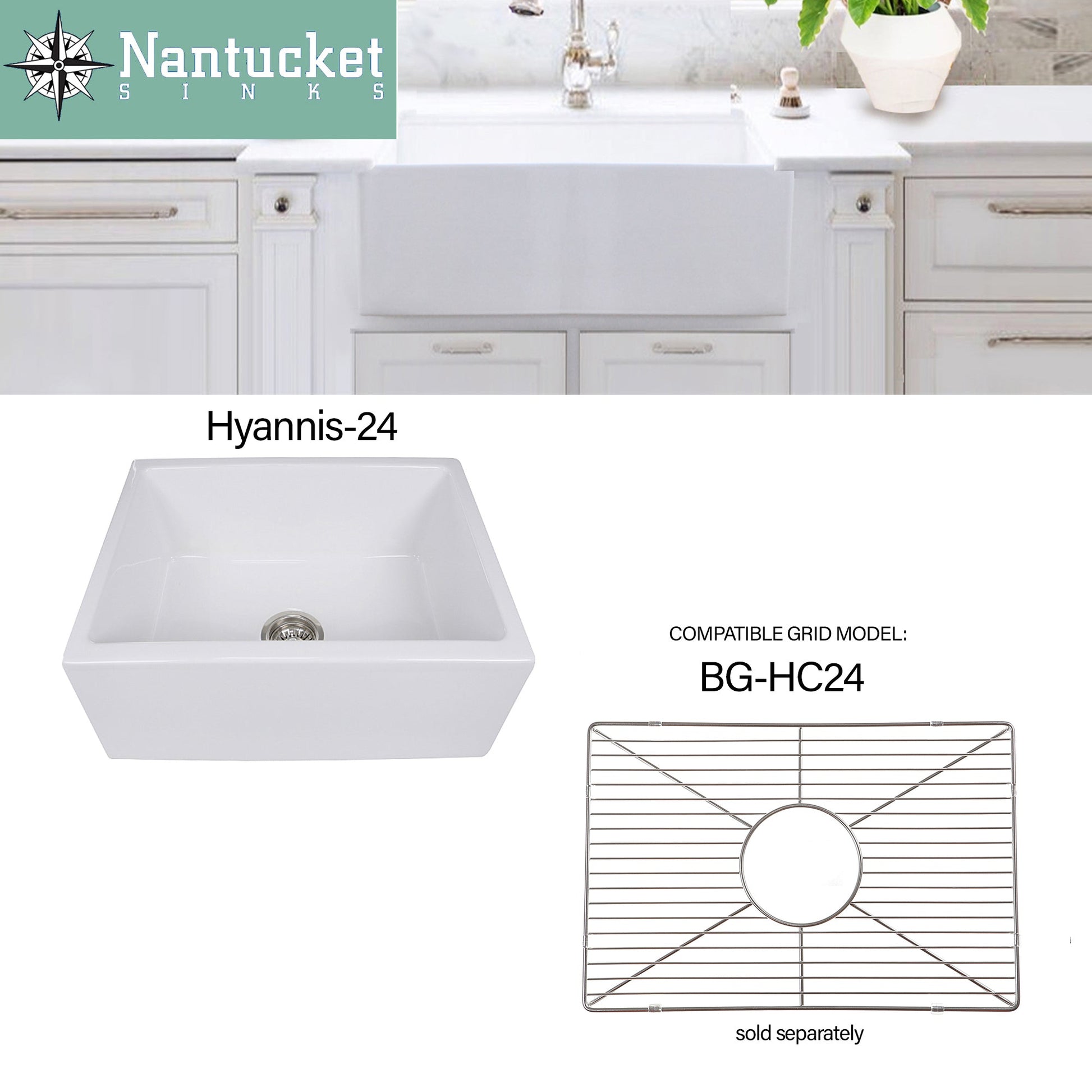 Nantucket Sinks Premium Kitchen 20" Polished Silver Stainless Steel Stainless Steel Bottom Grid BG-HC24