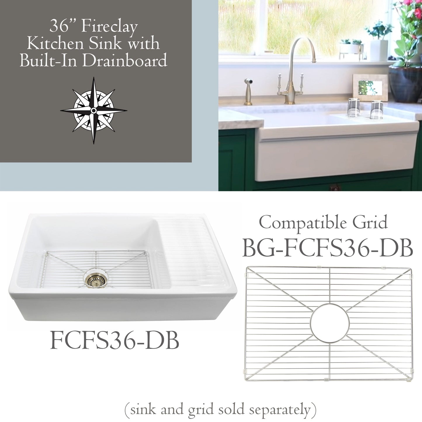 Nantucket Sinks Premium Kitchen 21" Polished Silver Stainless Steel Stainless Steel Bottom Grid BG-FCFS36-DB