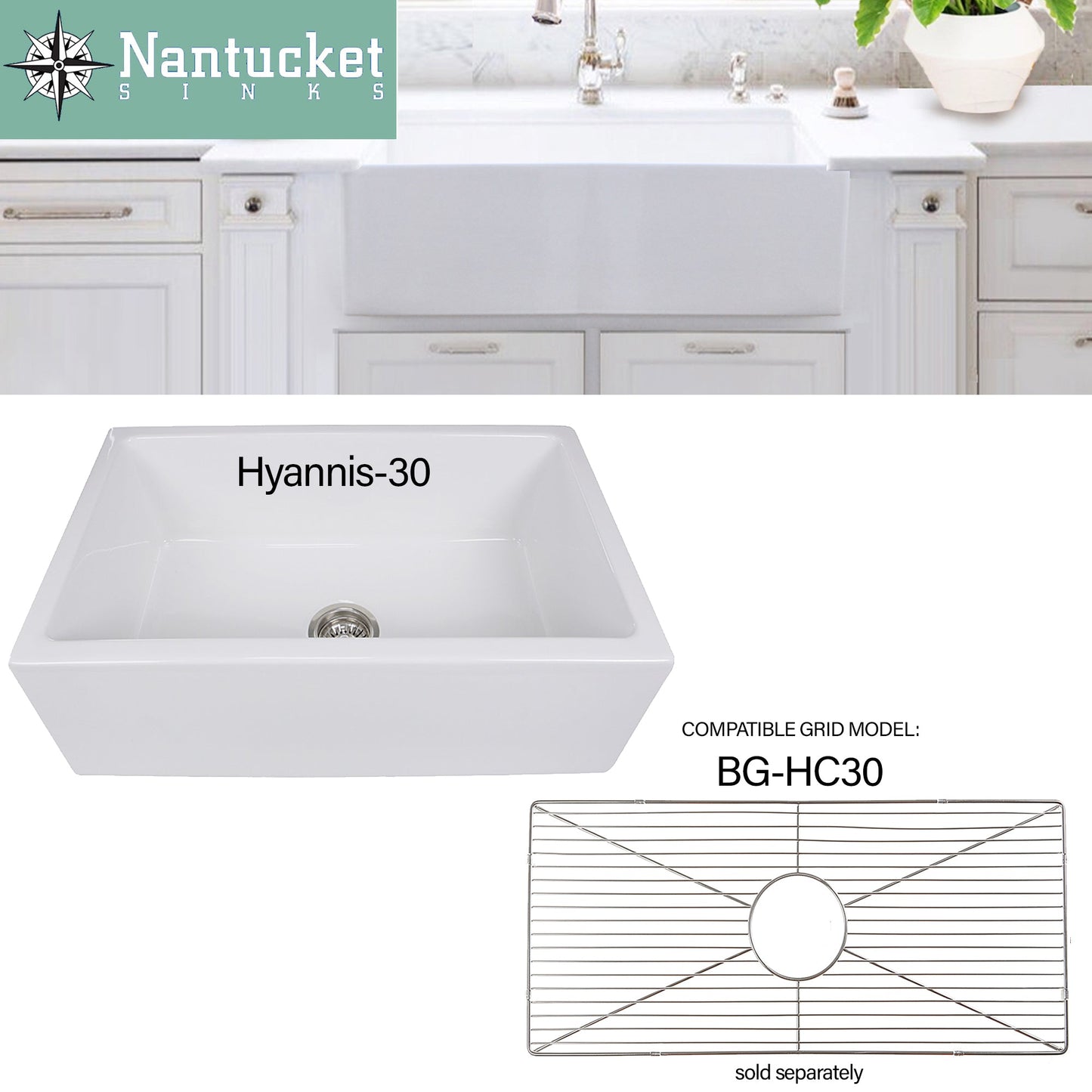 Nantucket Sinks Premium Kitchen 25" Polished Silver Stainless Steel Stainless Steel Bottom Grid BG-HC30