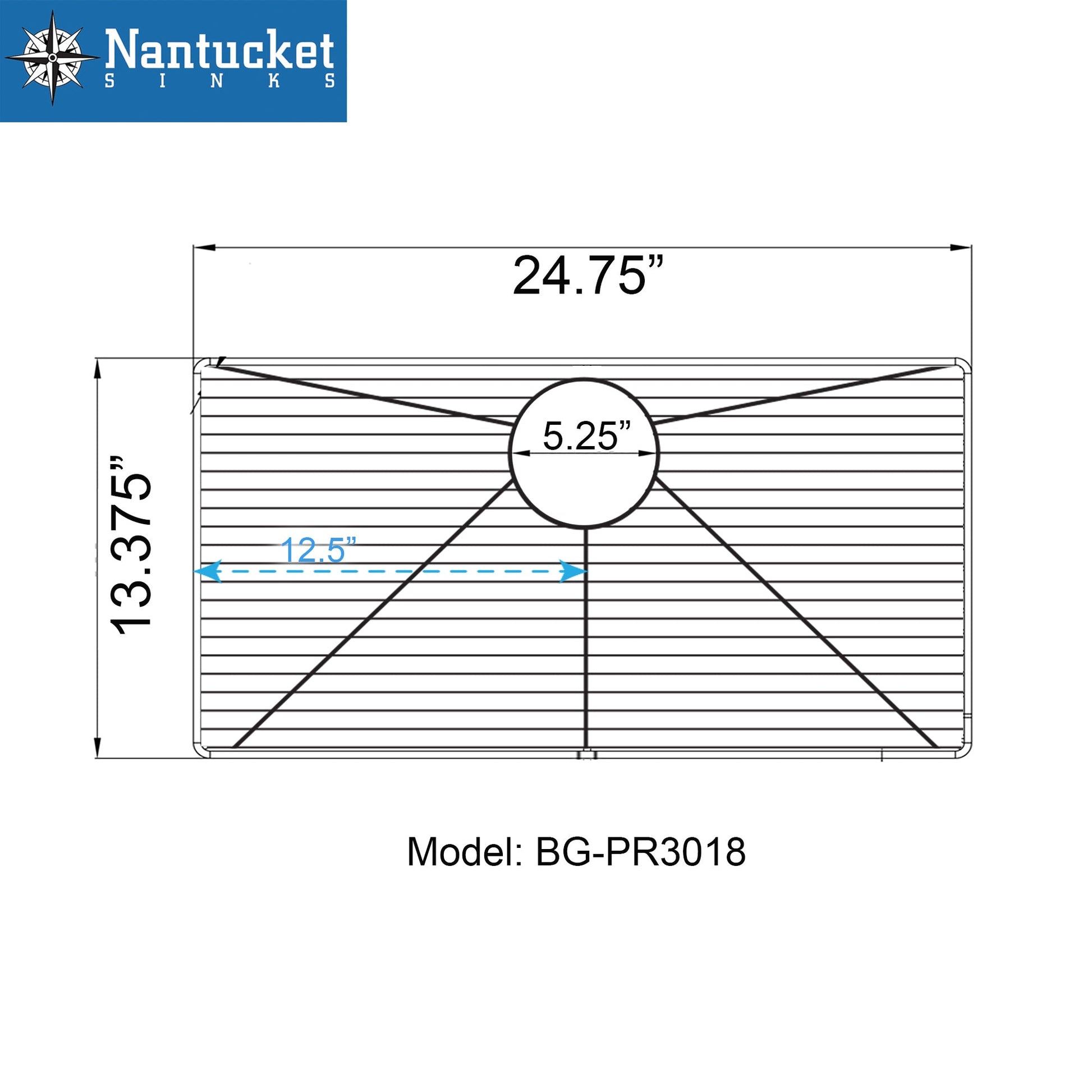 Nantucket Sinks Premium Kitchen 25" Polished Silver Stainless Steel Stainless Steel Bottom Grid BG-PR3018