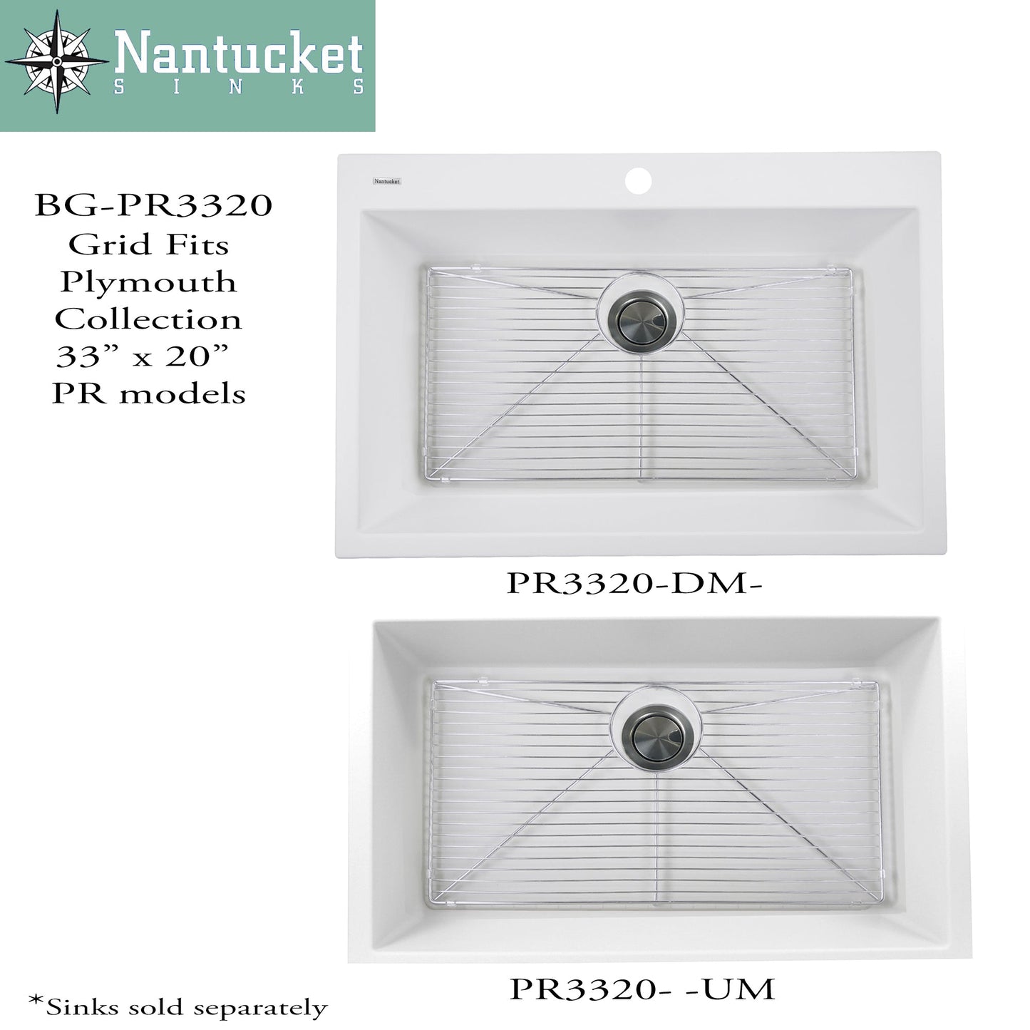 Nantucket Sinks Premium Kitchen 27" Polished Silver Stainless Steel Stainless Steel Bottom Grid BG-PR3320