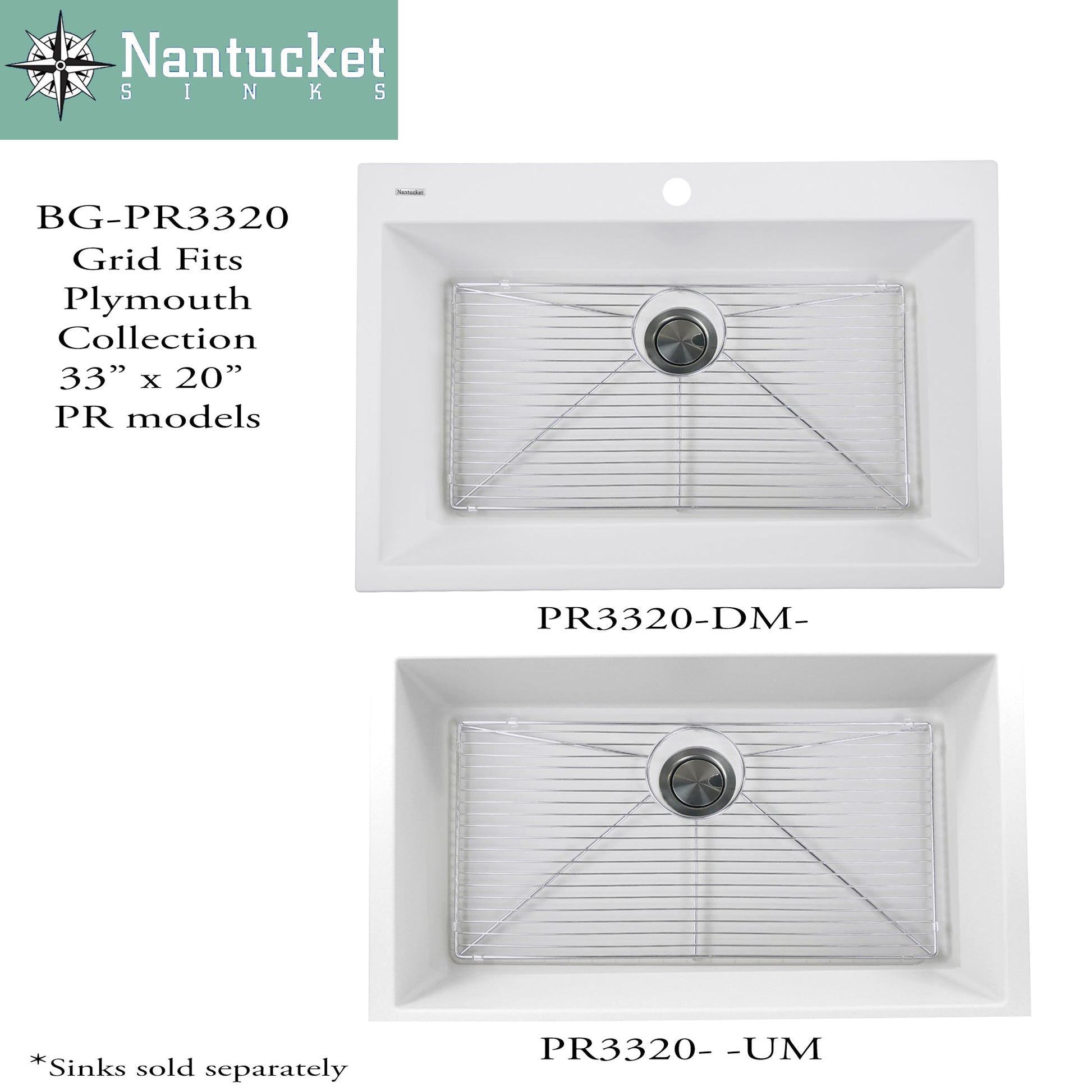 Nantucket Sinks Premium Kitchen 27" Polished Silver Stainless Steel Stainless Steel Bottom Grid BG-PR3320