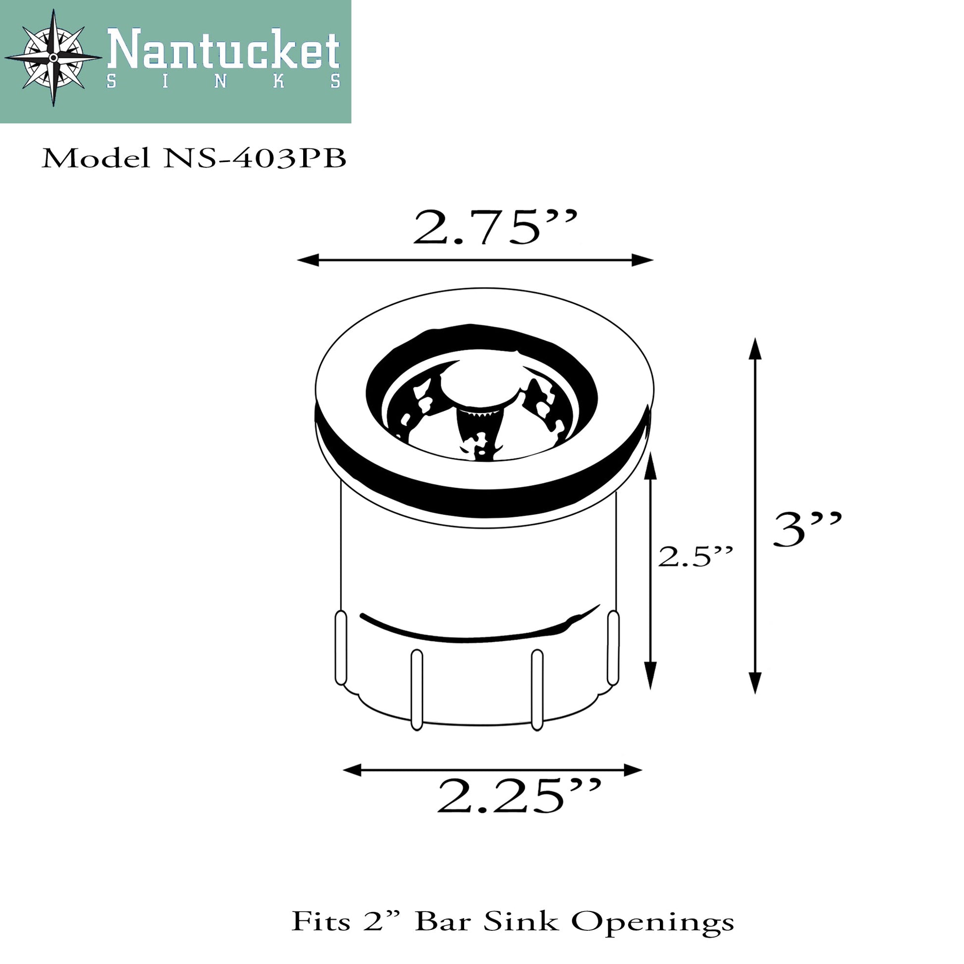 Nantucket Sinks Premium Kitchen 3" Polished Brass Brass Brass Junior Duo Bar Sink Drain