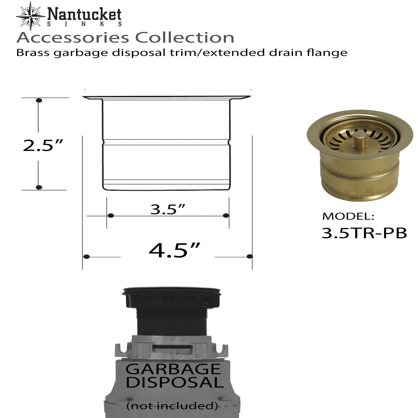 Nantucket Sinks Premium Kitchen 5" Brass Stainless Steel Extended Flange Disposal Kitchen Drain