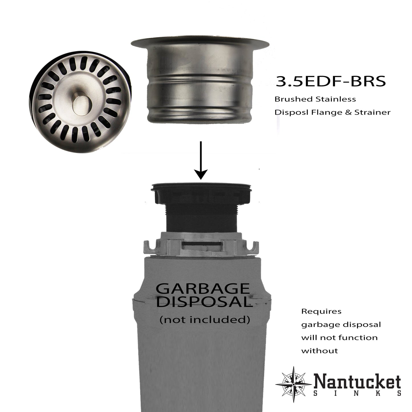 Nantucket Sinks Premium Kitchen 5" Brushed Stainless Silver Stainless Steel Extended Flange Disposal Kitchen Drain