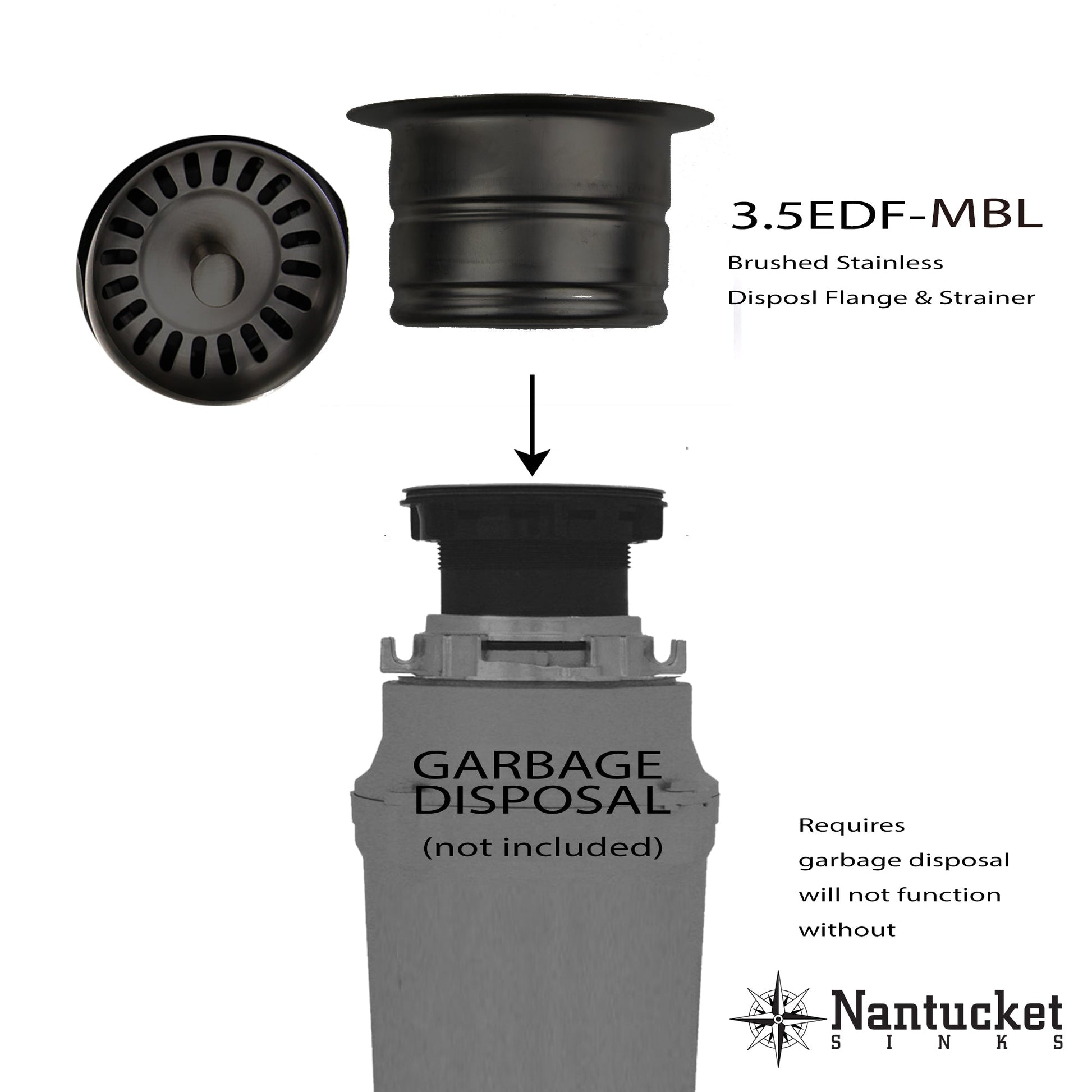 Nantucket Sinks Premium Kitchen 5" Matte Black Stainless Steel Extended Flange Disposal Kitchen Drain