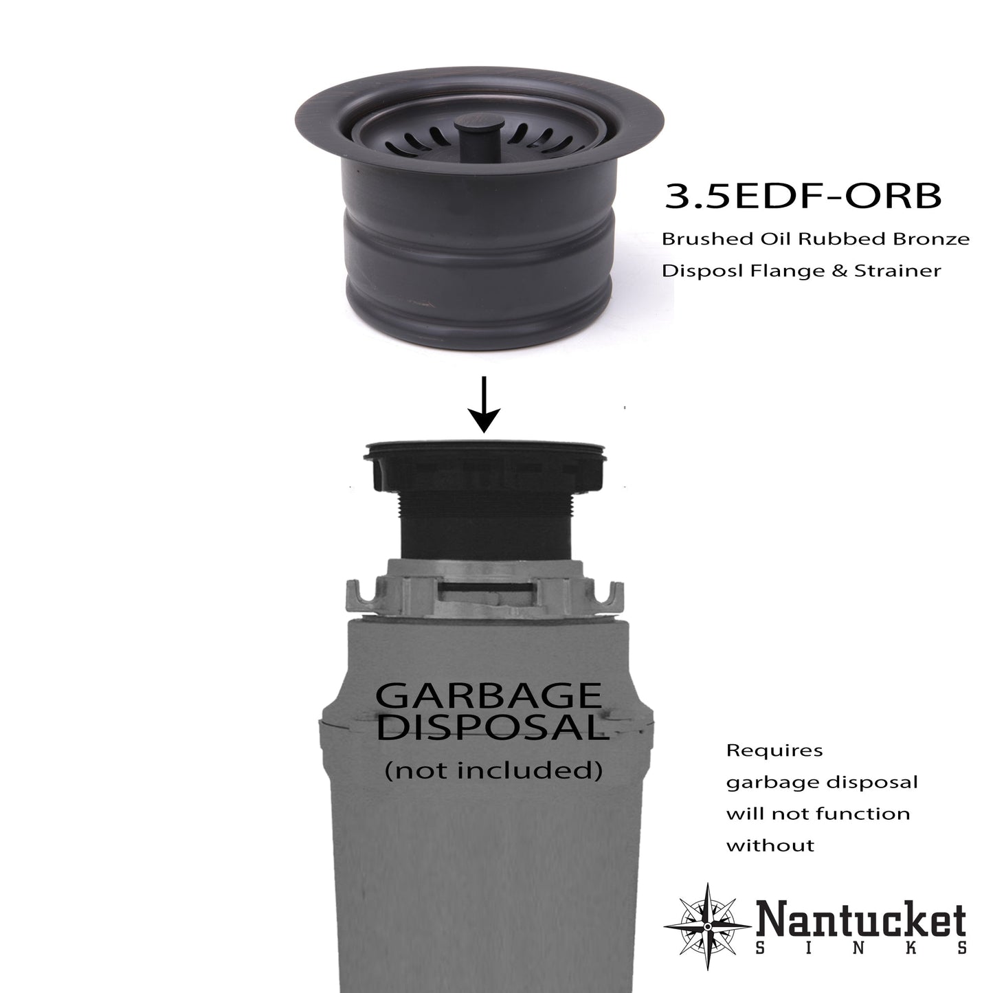 Nantucket Sinks Premium Kitchen 5" Oil Rubbed Dark Bronze Stainless Steel Extended Flange Disposal Kitchen Drain