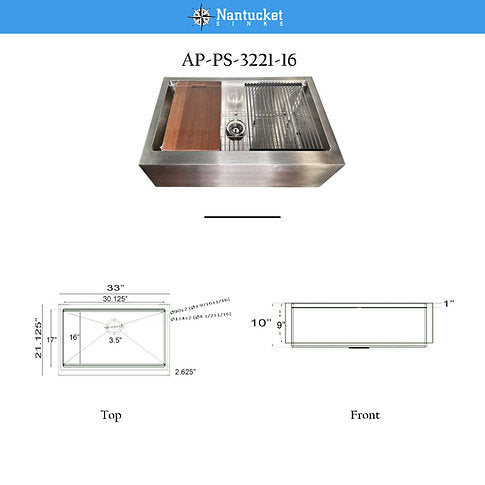 Nantucket Sinks Prepstation 33" Single Bowl Undermount Stainless Steel Brushed Satin Kitchen Sink
