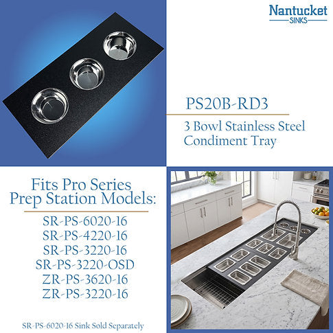 Nantucket Sinks Pro Series 18" Prep Station Black HDPE With Stainless Bins Condiment Server