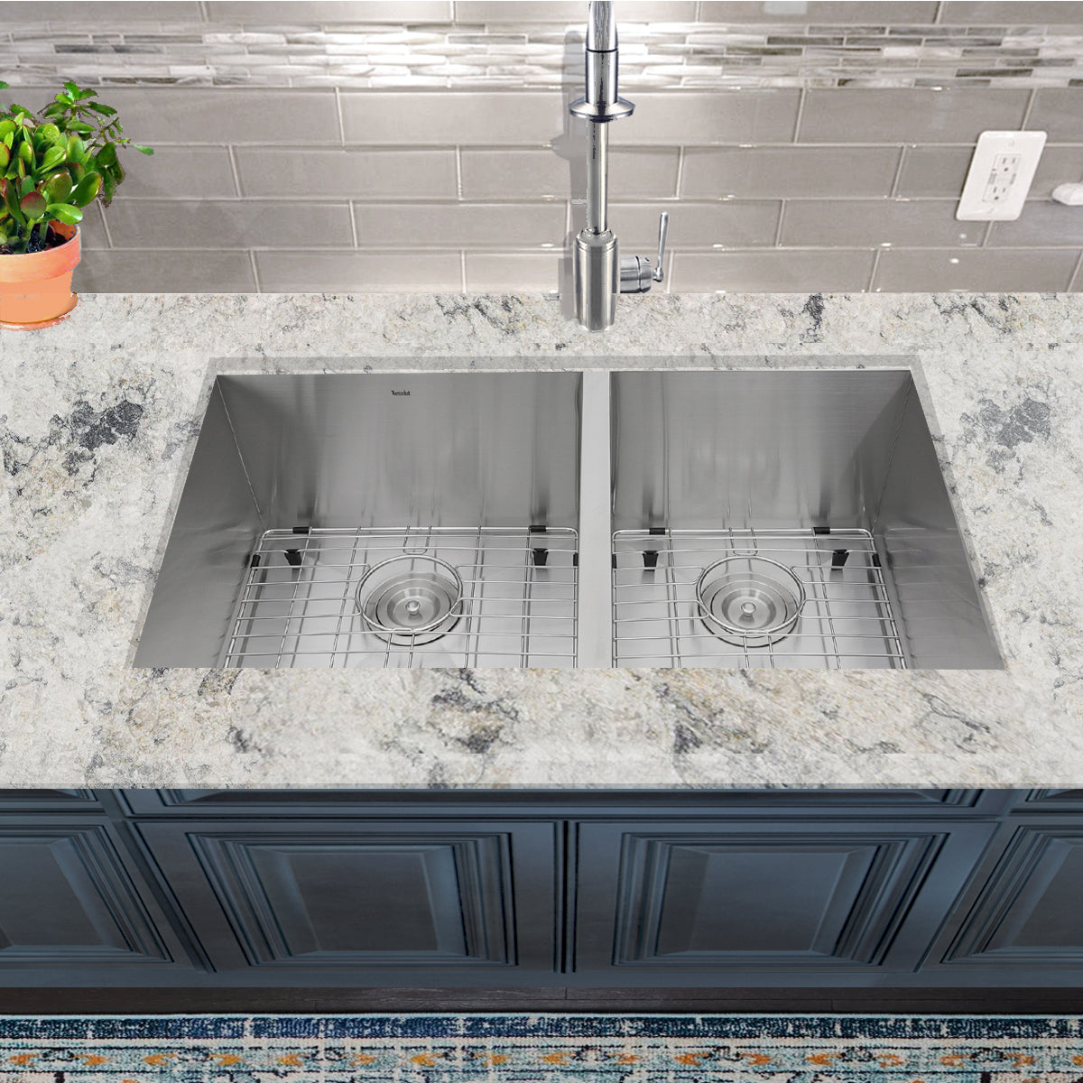 Nantucket Sinks Pro Series 32" Rectangle Undermount Brushed Satin Silver 304 Stainless Steel 55/45 Offset Double Bowl Zero Radius Kitchen Sink