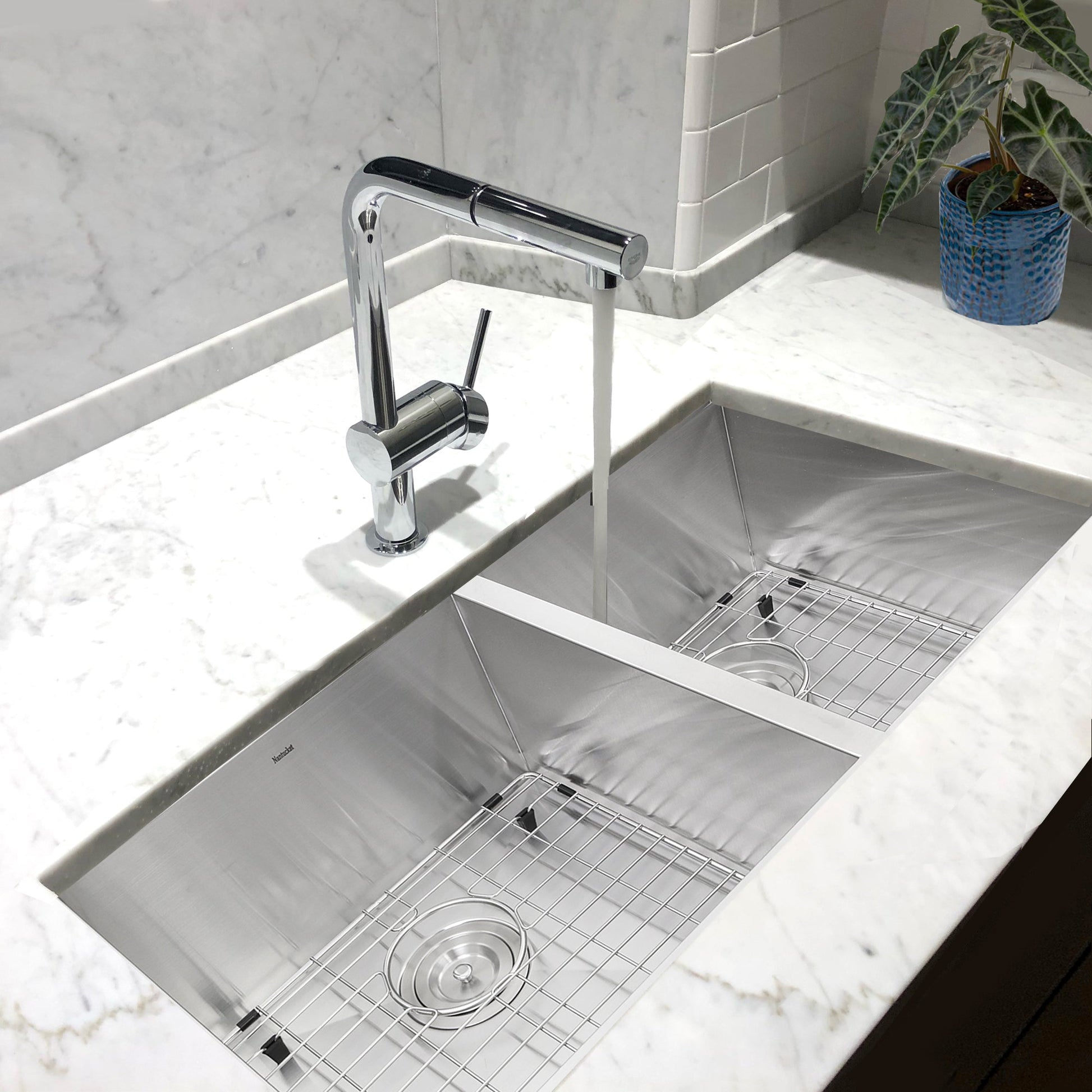 Nantucket Sinks Pro Series 32" Rectangle Undermount Brushed Satin Silver 304 Stainless Steel 55/45 Offset Double Bowl Zero Radius Kitchen Sink