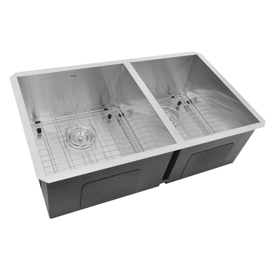 Nantucket Sinks Pro Series 32" Rectangle Undermount Brushed Satin Silver 304 Stainless Steel 55/45 Offset Double Bowl Zero Radius Kitchen Sink