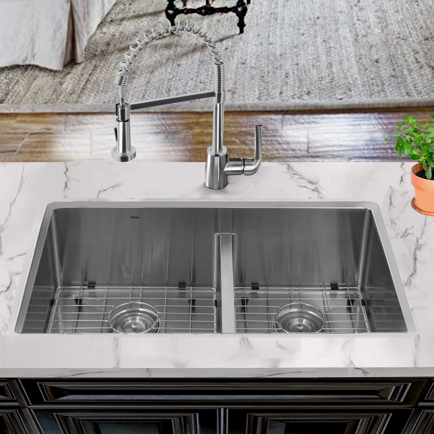Nantucket Sinks Pro Series 32" Rectangle Undermount Brushed Satin Silver 304 Stainless Steel 60/40 Offset Double Bowl Small Radius Kitchen Sink