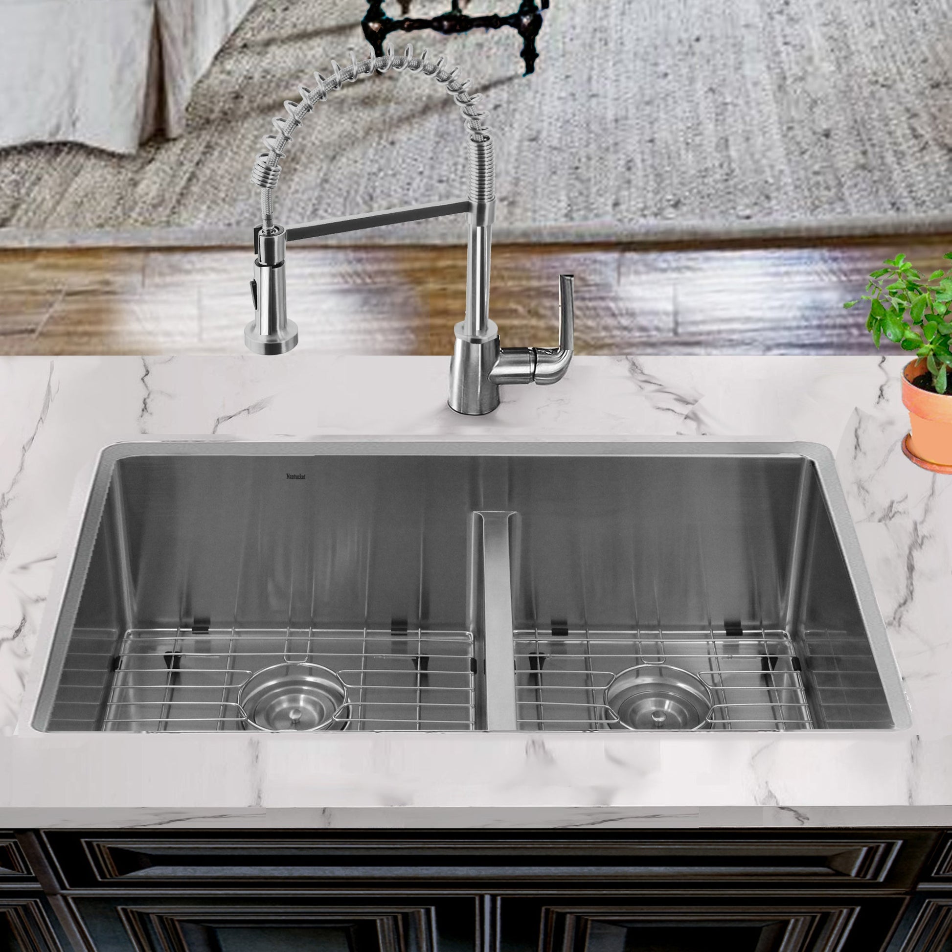 Nantucket Sinks Pro Series 32" Rectangle Undermount Brushed Satin Silver 304 Stainless Steel 60/40 Offset Double Bowl Small Radius Kitchen Sink