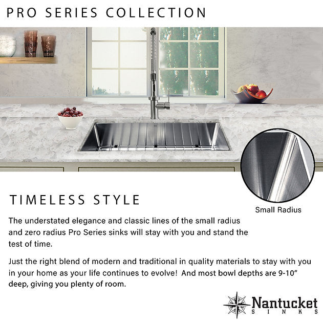 Nantucket Sinks Pro Series 32" Rectangle Undermount Brushed Satin Silver 304 Stainless Steel Double Equal Prep Station Small Radius Kitchen Sink With Accessories