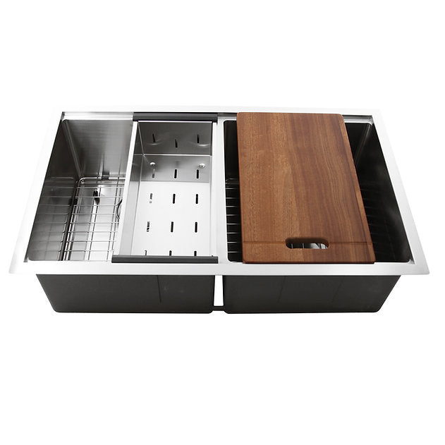 Nantucket Sinks Pro Series 32" Rectangle Undermount Brushed Satin Silver 304 Stainless Steel Double Equal Prep Station Small Radius Kitchen Sink With Accessories
