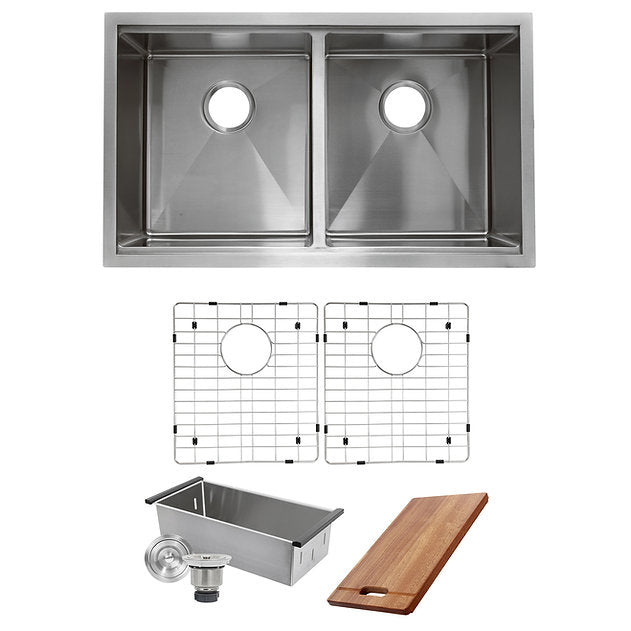 Nantucket Sinks Pro Series 32" Rectangle Undermount Brushed Satin Silver 304 Stainless Steel Double Equal Prep Station Small Radius Kitchen Sink With Accessories