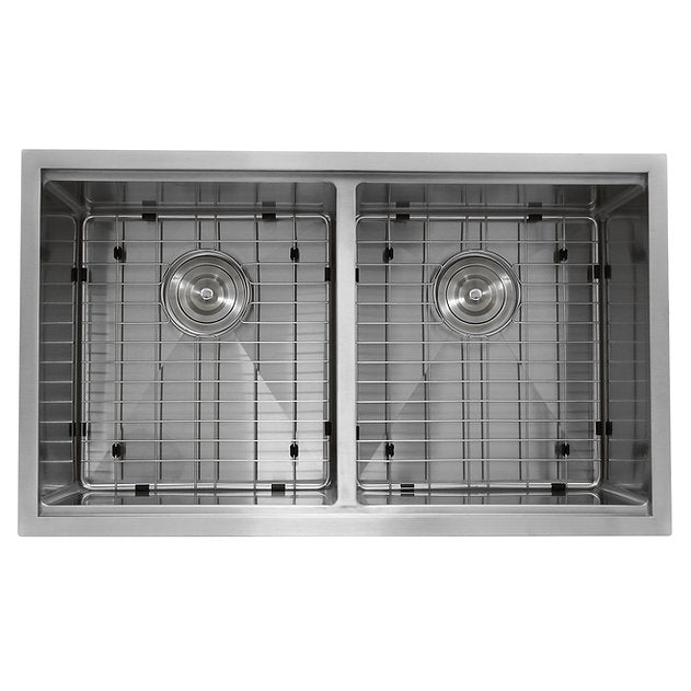 Nantucket Sinks Pro Series 32" Rectangle Undermount Brushed Satin Silver 304 Stainless Steel Double Equal Prep Station Small Radius Kitchen Sink With Accessories