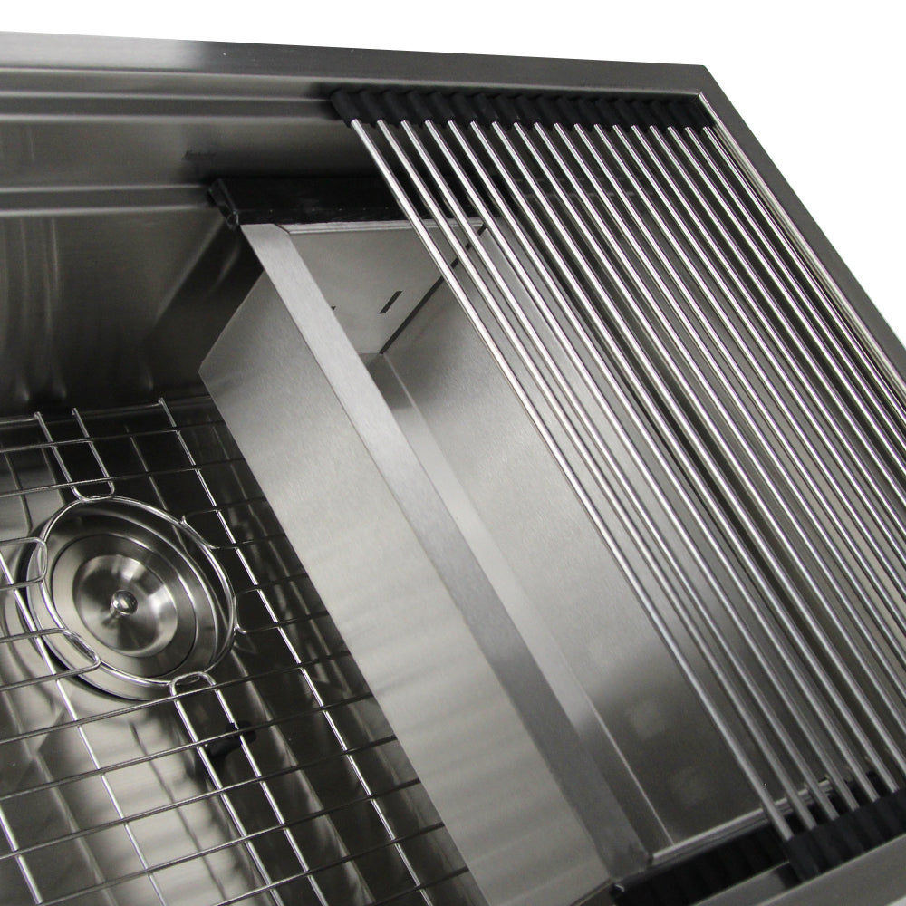 Nantucket Sinks Pro Series 32" Rectangle Undermount Brushed Satin Silver 304 Stainless Steel Large Prep Station Single Bowl Kitchen Sink With Included Rolling Mat, Grid, Colander, and Drain