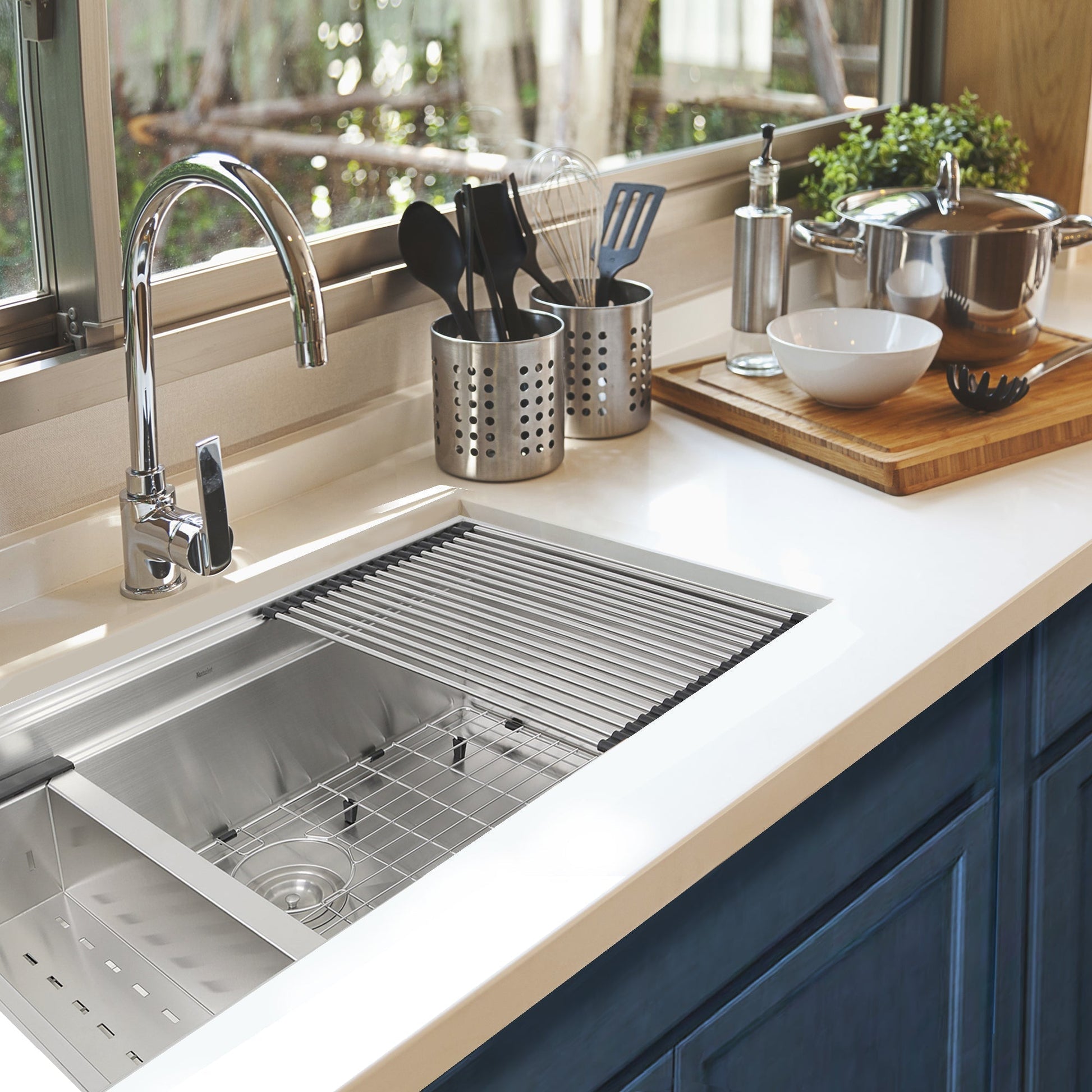 Nantucket Sinks Pro Series 32" Rectangle Undermount Brushed Satin Silver 304 Stainless Steel Large Prep Station Single Bowl Kitchen Sink With Included Rolling Mat, Grid, Colander, and Drain