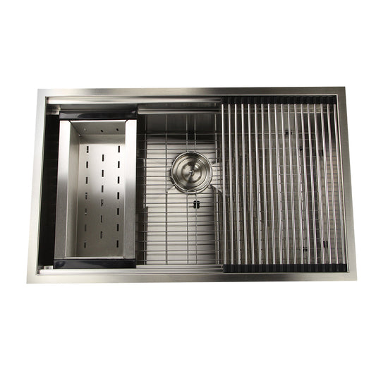 Nantucket Sinks Pro Series 32" Rectangle Undermount Brushed Satin Silver 304 Stainless Steel Large Prep Station Single Bowl Kitchen Sink With Included Rolling Mat, Grid, Colander, and Drain