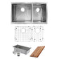 Nantucket Sinks Pro Series 32" Rectangle Undermount Brushed Satin Silver 304 Stainless Steel Offset Double Bowl Small Radius Kitchen Sink With Accessories