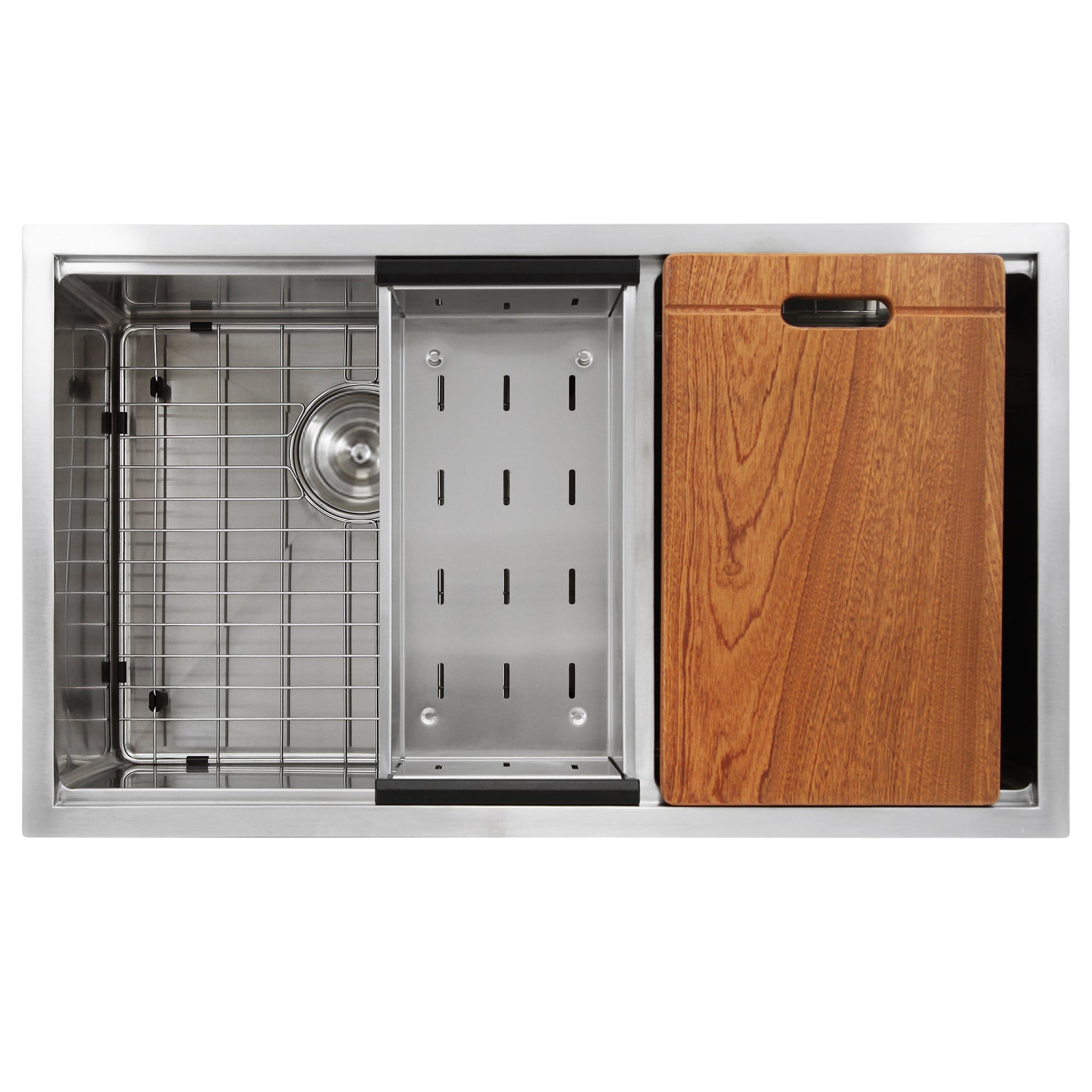 Nantucket Sinks Pro Series 32" Rectangle Undermount Brushed Satin Silver 304 Stainless Steel Offset Double Bowl Small Radius Kitchen Sink With Accessories