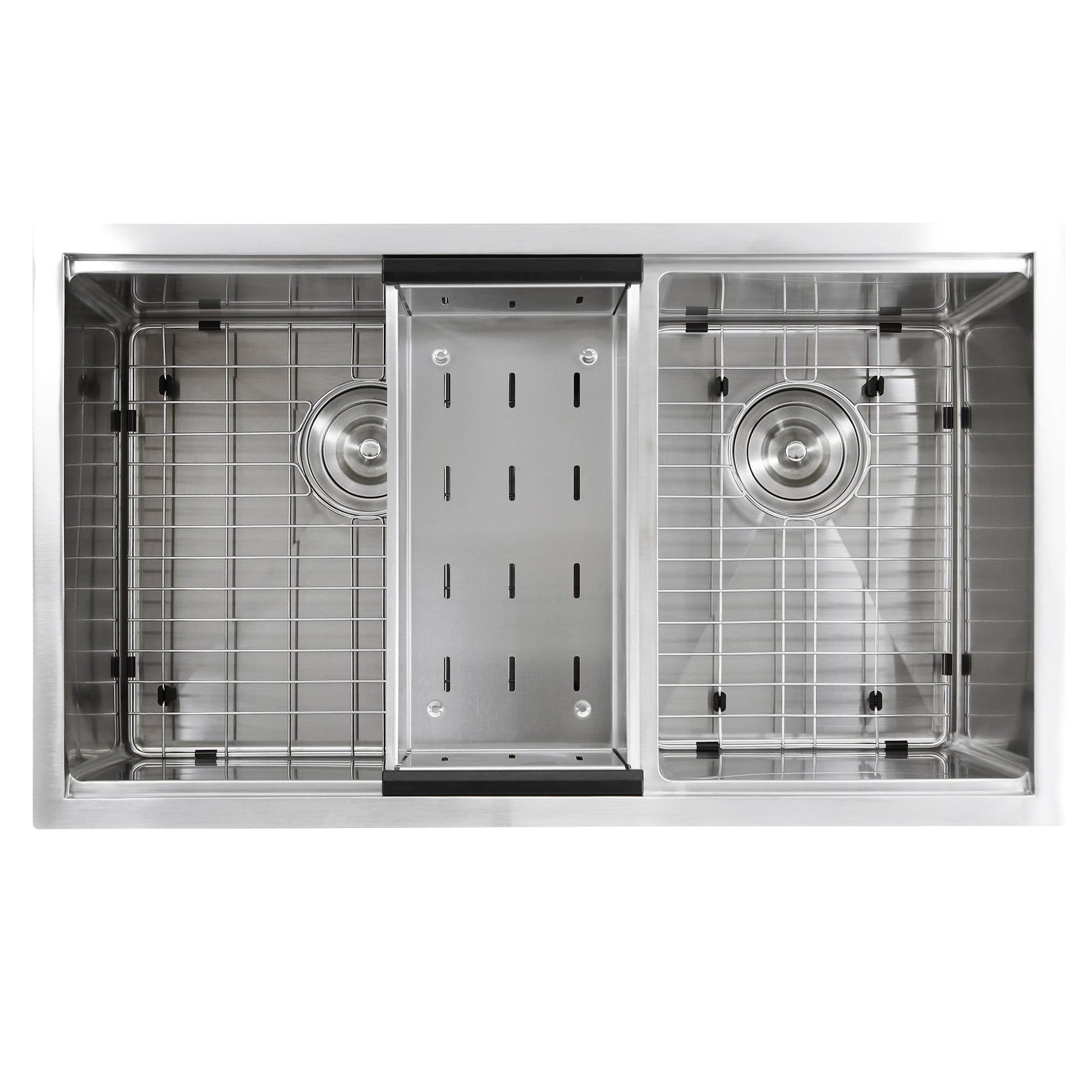 Nantucket Sinks Pro Series 32" Rectangle Undermount Brushed Satin Silver 304 Stainless Steel Offset Double Bowl Small Radius Kitchen Sink With Accessories