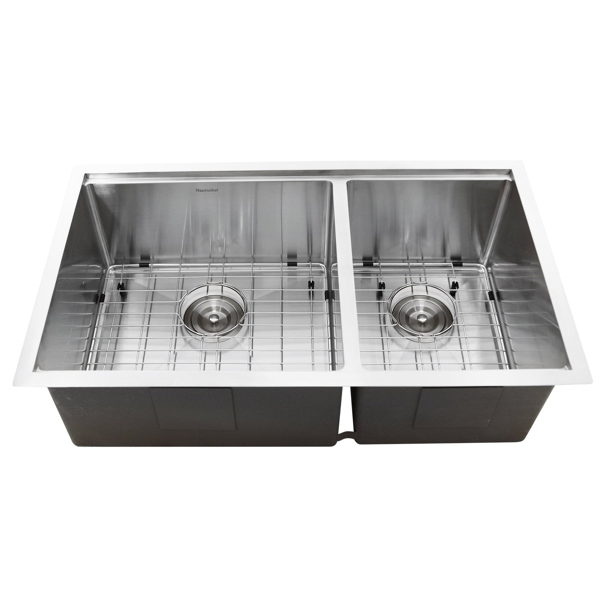 Nantucket Sinks Pro Series 32" Rectangle Undermount Brushed Satin Silver 304 Stainless Steel Offset Double Bowl Small Radius Kitchen Sink With Accessories