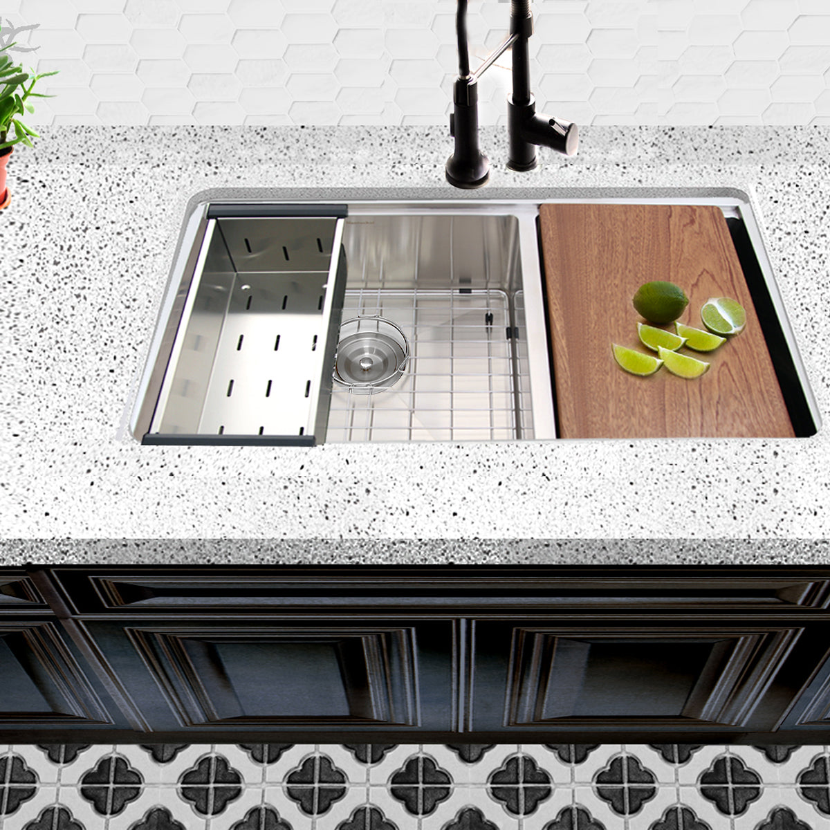 Nantucket Sinks Pro Series 32" Rectangle Undermount Brushed Satin Silver 304 Stainless Steel Offset Double Bowl Small Radius Kitchen Sink With Accessories