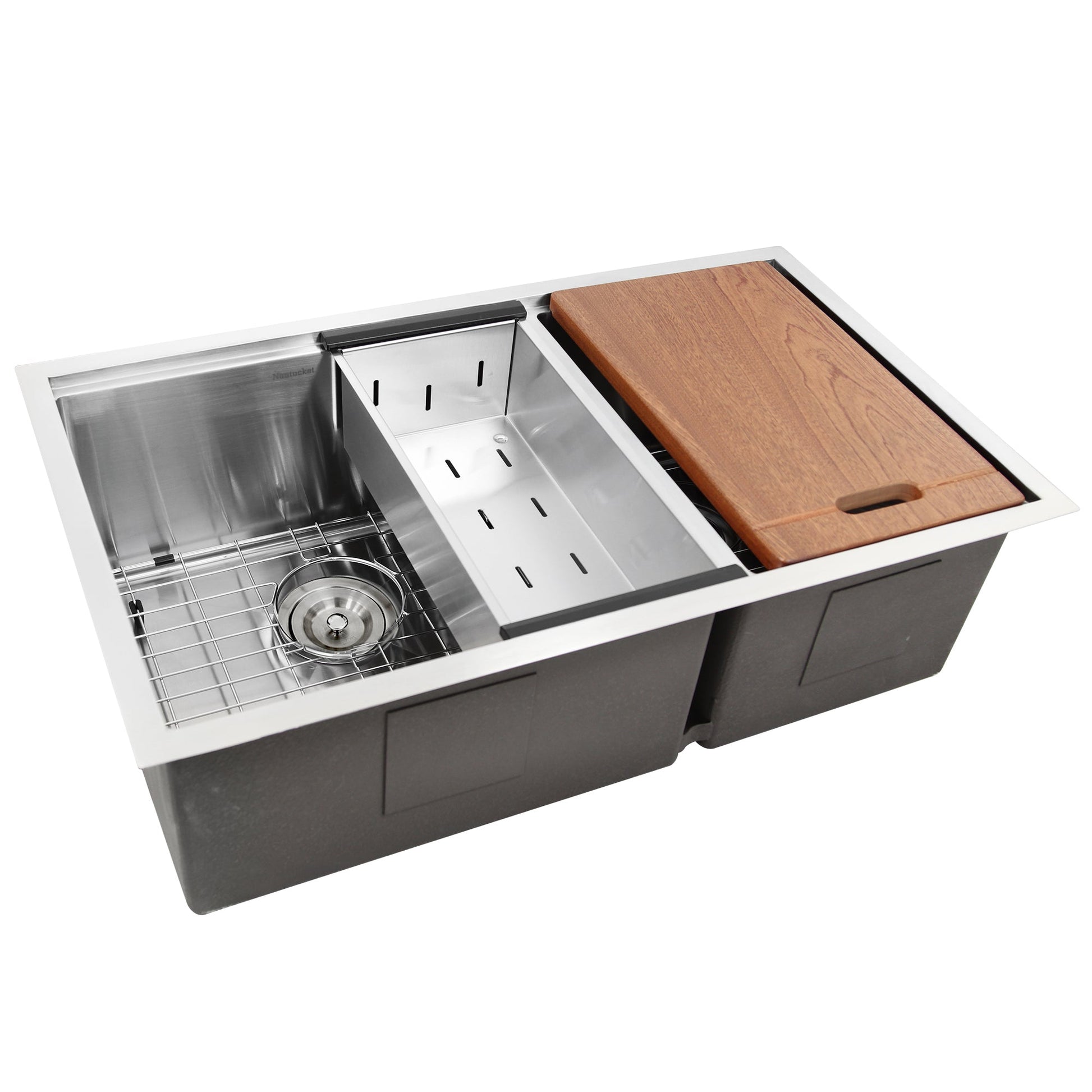 Nantucket Sinks Pro Series 32" Rectangle Undermount Brushed Satin Silver 304 Stainless Steel Offset Double Bowl Small Radius Kitchen Sink With Accessories