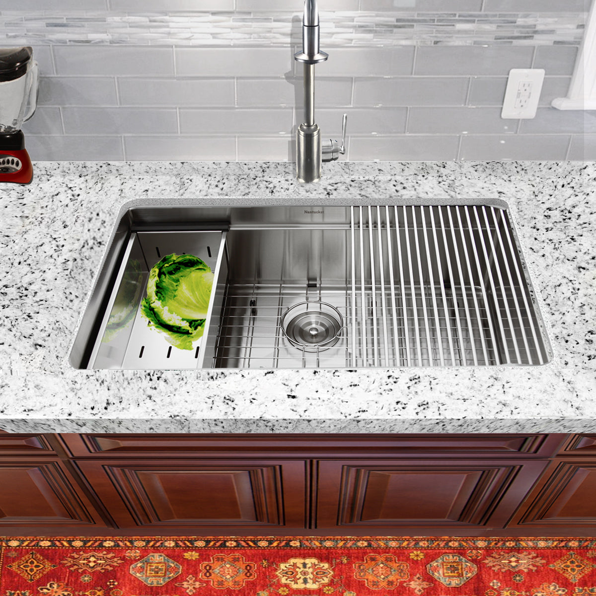 Nantucket Sinks Pro Series 32" Rectangle Undermount Brushed Satin Silver 304 Stainless Steel Single Bowl Small Radius Kitchen Sink With Accessories