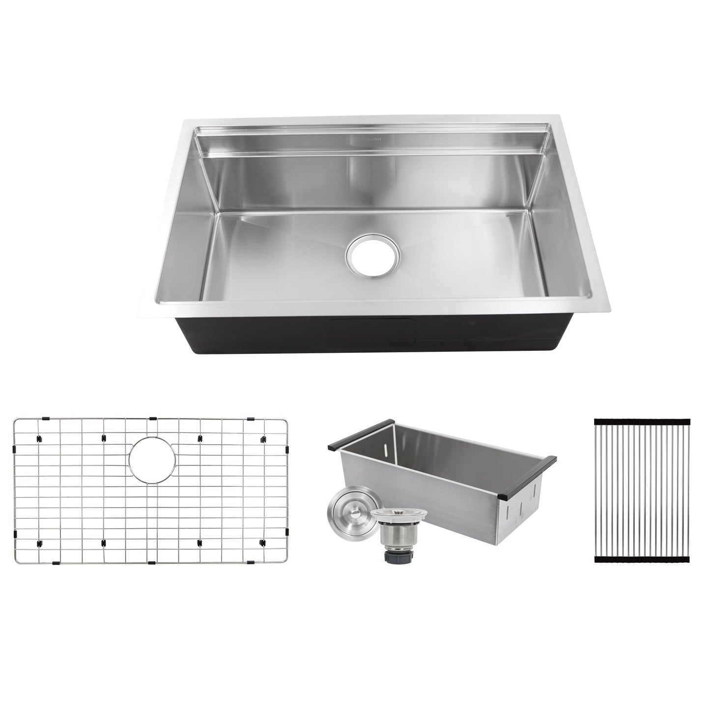 Nantucket Sinks Pro Series 32" Rectangle Undermount Brushed Satin Silver 304 Stainless Steel Single Bowl Small Radius Kitchen Sink With Accessories
