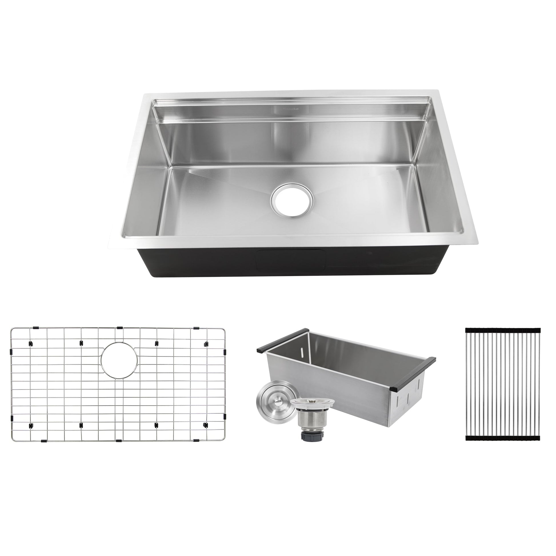 Nantucket Sinks Pro Series 32" Rectangle Undermount Brushed Satin Silver 304 Stainless Steel Single Bowl Small Radius Kitchen Sink With Accessories