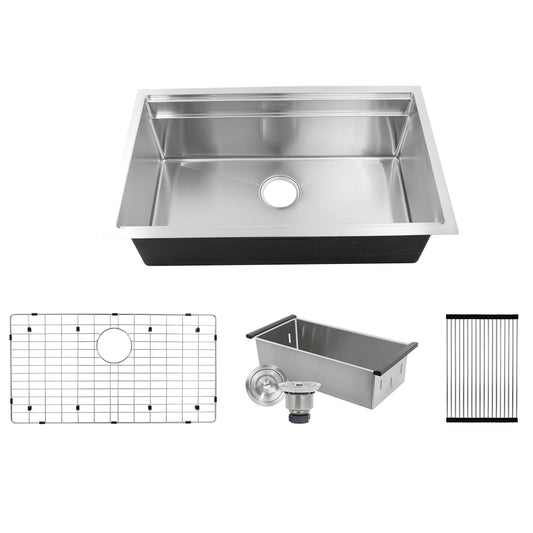 Nantucket Sinks Pro Series 32" Rectangle Undermount Brushed Satin Silver 304 Stainless Steel Single Bowl Small Radius Kitchen Sink With Accessories