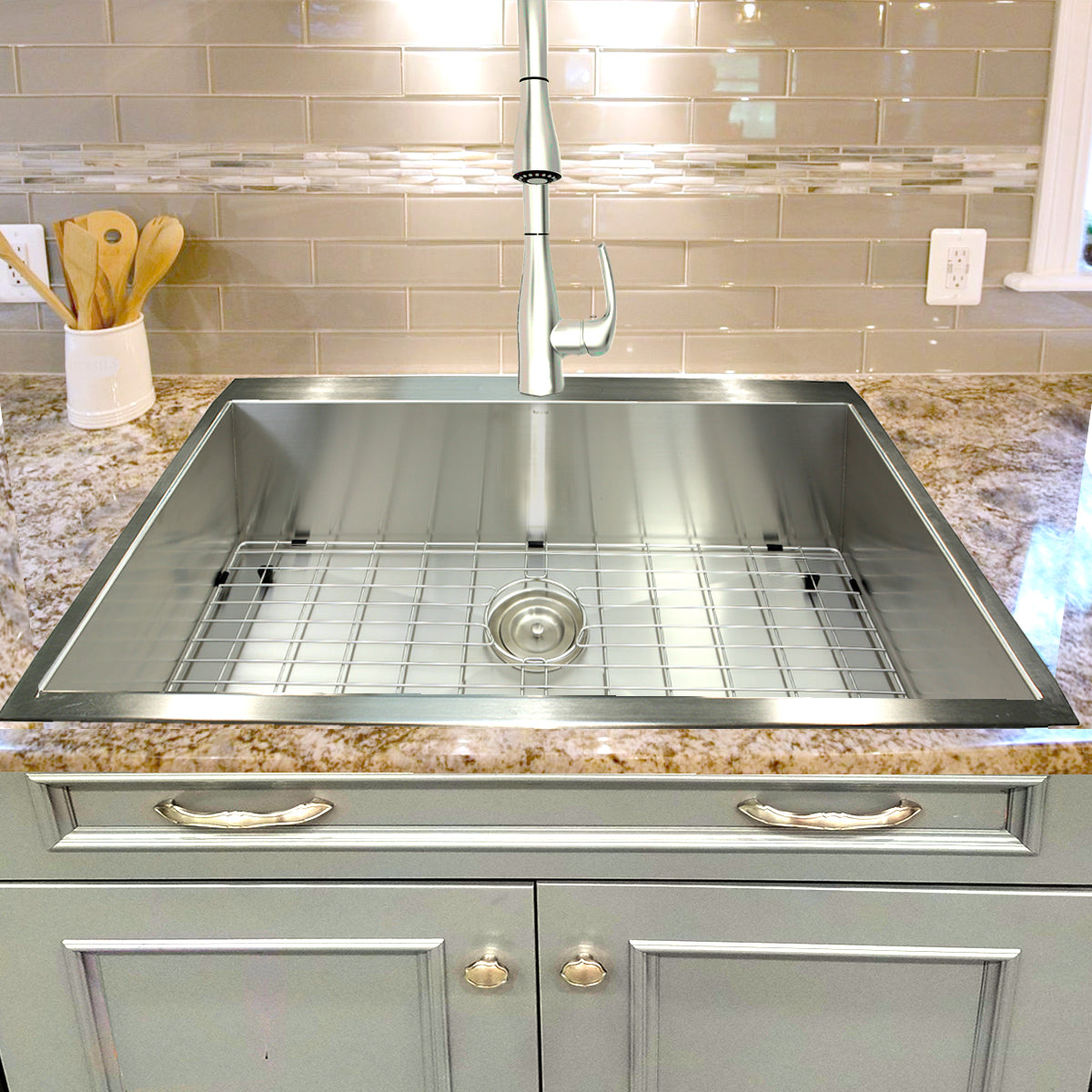 Nantucket Sinks Pro Series 33" Rectangle Drop-in Brushed Satin Silver 304 Stainless Steel Single Bowl Zero Radius 16-Gauge 1-Hole Kitchen Sink