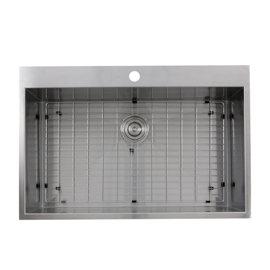 Nantucket Sinks Pro Series 33" Rectangle Drop-in Brushed Satin Silver 304 Stainless Steel Single Bowl Zero Radius 16-Gauge 1-Hole Kitchen Sink