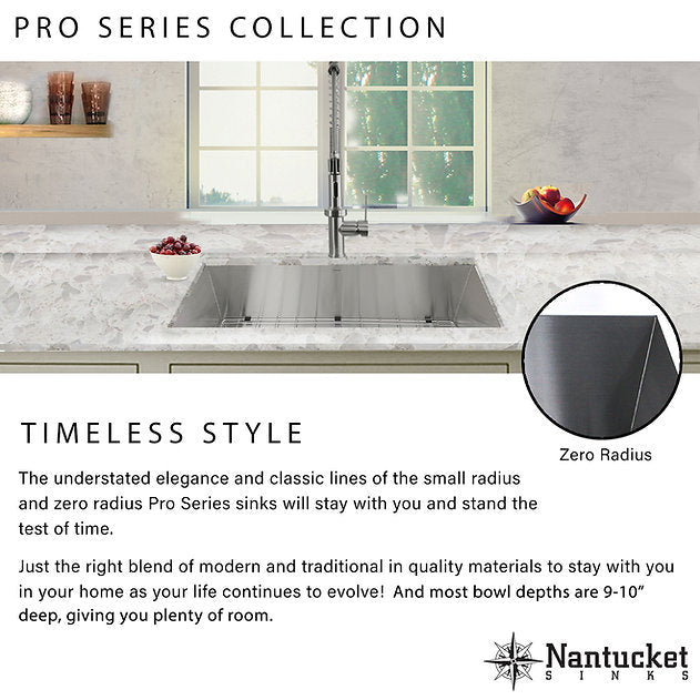 Nantucket Sinks Pro Series 33" Rectangle Drop-in Brushed Satin Silver 304 Stainless Steel Single Bowl Zero Radius 16-Gauge 3-Hole Kitchen Sink